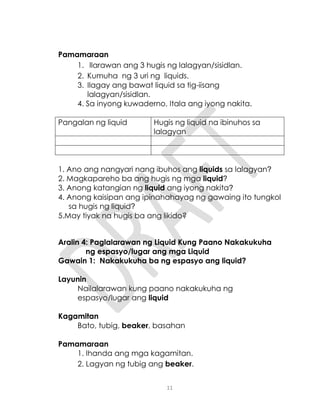 11
Pamamaraan
1. Ilarawan ang 3 hugis ng lalagyan/sisidlan.
2. Kumuha ng 3 uri ng liquids.
3. Ilagay ang bawat liquid sa tig-iisang
lalagyan/sisidlan.
4. Sa inyong kuwaderno, Itala ang iyong nakita.
Pangalan ng liquid Hugis ng liquid na ibinuhos sa
lalagyan
1. Ano ang nangyari nang ibuhos ang liquids sa lalagyan?
2. Magkapareho ba ang hugis ng mga liquid?
3. Anong katangian ng liquid ang iyong nakita?
4. Anong kaisipan ang ipinahahayag ng gawaing ito tungkol
sa hugis ng liquid?
5.May tiyak na hugis ba ang likido?
Aralin 4: Paglalarawan ng Liquid Kung Paano Nakakukuha
ng espasyo/lugar ang mga Liquid
Gawain 1: Nakakukuha ba ng espasyo ang liquid?
Layunin
Nailalarawan kung paano nakakukuha ng
espasyo/lugar ang liquid
Kagamitan
Bato, tubig, beaker, basahan
Pamamaraan
1. Ihanda ang mga kagamitan.
2. Lagyan ng tubig ang beaker.
 