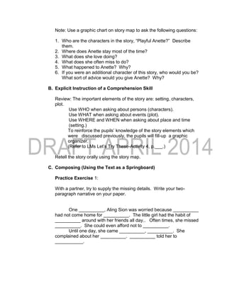 Note: Use a graphic chart on story map to ask the following questions:
1. Who are the characters in the story, “Playful Anette?” Describe
them.
2. Where does Anette stay most of the time?
3. What does she love doing?
4. What does she often miss to do?
5. What happened to Anette? Why?
6. If you were an additional character of this story, who would you be?
What sort of advice would you give Anette? Why?
B. Explicit Instruction of a Comprehension Skill
Review: The important elements of the story are: setting, characters,
plot.
Use WHO when asking about persons (characters).
Use WHAT when asking about events (plot).
Use WHERE and WHEN when asking about place and time
(setting.)
To reinforce the pupils’ knowledge of the story elements which
were discussed previously, the pupils will fill-up a graphic
organizer.
(Refer to LMs Let’s Try These-Activity 4, p.___.)
Retell the story orally using the story map.
C. Composing (Using the Text as a Springboard)
Practice Exercise 1:
With a partner, try to supply the missing details. Write your two-
paragraph narrative on your paper.
One __________, Aling Sion was worried because __________
had not come home for __________. The little girl had the habit of
__________ around with her friends all day.. Often times, she missed
__________. She could even afford not to __________.
Until one day, she came __________, __________. She
complained about her __________. __________ told her to
___________.
 