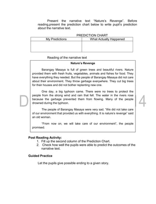 Present the narrative text “Nature’s Revenge”. Before
reading,present the prediction chart below to write pupil’s prediction
about the narrative text.
PREDICTION CHART
My Predictions What Actually Happened
Reading of the narrative text
Post Reading Activity:
1. Fill up the second column of the Prediction Chart.
2. Check how well the pupils were able to predict the outcomes of the
narrative text.
Guided Practice
Let the pupils give possible ending to a given story.
Nature’s Revenge
Barangay Masaya is full of green trees and beautiful rivers. Nature
provided them with fresh fruits, vegetables, animals and fishes for food. They
have everything they needed. But the people of Barangay Masaya did not care
about their environment. They throw garbage everywhere. They cut big trees
for their houses and did not bother replanting new one.
One day, a big typhoon came. There were no trees to protect the
people from the strong wind and rain that fell. The water in the rivers rose
because the garbage prevented them from flowing. Many of the people
drowned during the typhoon.
The people of Barangay Masaya were very sad. “We did not take care
of our environment that provided us with everything. It is nature’s revenge” said
an old woman.
“From now on, we will take care of our environment”, the people
promised.
 
