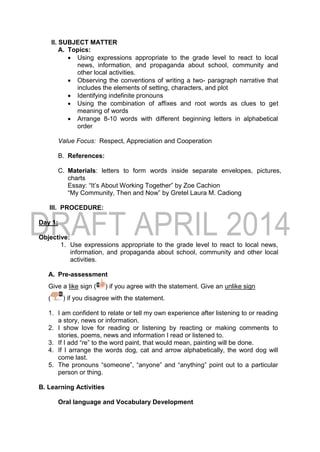 II. SUBJECT MATTER
A. Topics:
 Using expressions appropriate to the grade level to react to local
news, information, and propaganda about school, community and
other local activities.
 Observing the conventions of writing a two- paragraph narrative that
includes the elements of setting, characters, and plot
 Identifying indefinite pronouns
 Using the combination of affixes and root words as clues to get
meaning of words
 Arrange 8-10 words with different beginning letters in alphabetical
order
Value Focus: Respect, Appreciation and Cooperation
B. References:
C. Materials: letters to form words inside separate envelopes, pictures,
charts
Essay: “It’s About Working Together” by Zoe Cachion
“My Community, Then and Now” by Gretel Laura M. Cadiong
III. PROCEDURE:
Day 1:
Objective:
1. Use expressions appropriate to the grade level to react to local news,
information, and propaganda about school, community and other local
activities.
A. Pre-assessment
Give a like sign ( ) if you agree with the statement. Give an unlike sign
( ) if you disagree with the statement.
1. I am confident to relate or tell my own experience after listening to or reading
a story, news or information.
2. I show love for reading or listening by reacting or making comments to
stories, poems, news and information I read or listened to.
3. If I add “re” to the word paint, that would mean, painting will be done.
4. If I arrange the words dog, cat and arrow alphabetically, the word dog will
come last.
5. The pronouns “someone”, “anyone” and “anything” point out to a particular
person or thing.
B. Learning Activities
Oral language and Vocabulary Development
 