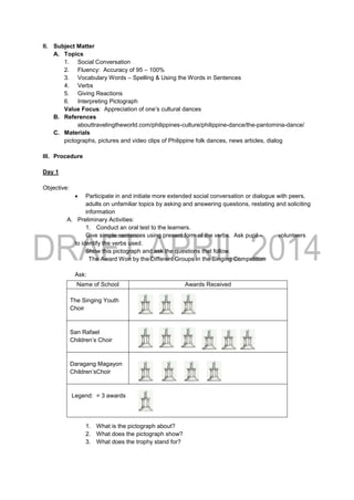 II. Subject Matter
A. Topics
1. Social Conversation
2. Fluency: Accuracy of 95 – 100%
3. Vocabulary Words – Spelling & Using the Words in Sentences
4. Verbs
5. Giving Reactions
6. Interpreting Pictograph
Value Focus: Appreciation of one’s cultural dances
B. References
abouttravelingtheworld.com/philippines-culture/philippine-dance/the-pantomina-dance/
C. Materials
pictographs, pictures and video clips of Philippine folk dances, news articles, dialog
III. Procedure
Day 1
Objective:
 Participate in and initiate more extended social conversation or dialogue with peers,
adults on unfamiliar topics by asking and answering questions, restating and soliciting
information
A. Preliminary Activities:
1. Conduct an oral test to the learners.
Give simple sentences using present form of the verbs. Ask pupil – volunteers
to identify the verbs used.
Show this pictograph and ask the questions that follow.
The Award Won by the Different Groups in the Singing Competition
Ask:
1. What is the pictograph about?
2. What does the pictograph show?
3. What does the trophy stand for?
Name of School Awards Received
The Singing Youth
Choir
San Rafael
Children’s Choir
Daragang Magayon
Children’sChoir
Legend: = 3 awards
 