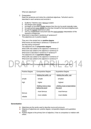 What are adjectives?
2. Presentation:
Read the sentences and notice the underlined adjectives. Tell which word is
described in each sentence and encircle it.
a. Guillermo Tolentino was a famous sculptor.
b. His designs were simple.
c. He began to formulate simpler designs than the one he would originally make.
d. He approached more reliable sources than himself for first-hand enlightenment.
e. He got the highest award as an artist.
f. The Cry of Balintawak monument was the most symbolic interpretation of the
Supremo of Katipunan.
3. What word is described in sentence a? sentence b?
The adjectives are in positive degree.
They are in the simple form or positive degree.
What words are described in sentence c? sentence d?
Are they being compared?
The adjectives are in comparative degree.
What suffix was added to the adjective in sentence c?
What word was added to the adjective in sentence d?
What word is described in sentence e? sentence f?
The adjectives are in superlative degree.
What suffix was added to the adjective in sentence e?
What word was added to the adjective in sentence f?
Fill out the chart. Compare how the three degrees of comparison are used:
Positive Degree Comparative Degree Superlative Degree
simple
high
famous
reliable
-Adding the suffix –er
simpler
higher
-Adding more or less
before the word
more famous
more reliable
- Adding the suffix –est
simplest
highest
- Adding most or least before
the word
most famous
most reliable
Generalization:
Adjectives are the words used to describe nouns and pronouns
Degrees of adjectives are: positive degree; comparative degree and superlative
degree
Positive degree is the primary form of adjective, it has no comparison or relation with
others
 