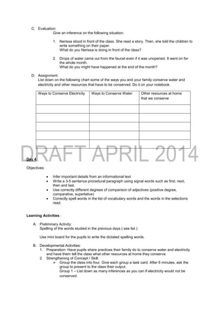 C. Evaluation:
Give an inference on the following situation:
1. Nerissa stood in front of the class. She read a story. Then, she told the children to
write something on their paper.
What do you Nerissa is doing in front of the class?
2. Drops of water came out from the faucet even if it was unopened. It went on for
the whole month.
What do you might have happened at the end of the month?
D. Assignment:
List down on the following chart some of the ways you and your family conserve water and
electricity and other resources that have to be conserved. Do it on your notebook.
Ways to Conserve Electricity Ways to Conserve Water Other resources at home
that we conserve
Day 4
Objectives:
 Infer important details from an informational text
 Write a 3-5 sentence procedural paragraph using signal words such as first, next,
then and last.
 Use correctly different degrees of comparison of adjectives (positive degree,
comparative, superlative)
 Correctly spell words in the list of vocabulary words and the words in the selections
read.
Learning Activities :
A. Preliminary Activity:
Spelling of the words studied in the previous days ( see list )
Use mini board for the pupils to write the dictated spelling words.
B. Developmental Activities:
1. Preparation: Have pupils share practices their family do to conserve water and electricity
and have them tell the class what other resources at home they conserve.
2. Strengthening of Concept / Skill:
 Group the class into four. Give each group a task card. After 6 minutes, ask the
group to present to the class their output.
Group 1 – List down as many inferences as you can if electricity would not be
conserved.
 