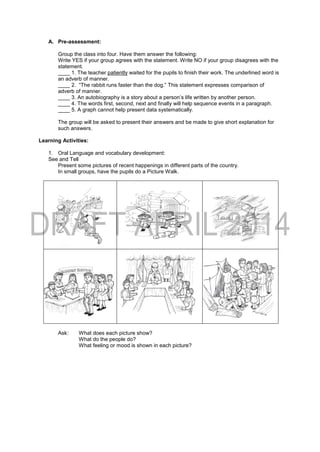 A. Pre-assessment:
Group the class into four. Have them answer the following:
Write YES if your group agrees with the statement. Write NO if your group disagrees with the
statement.
____ 1. The teacher patiently waited for the pupils to finish their work. The underlined word is
an adverb of manner.
____ 2. “The rabbit runs faster than the dog.” This statement expresses comparison of
adverb of manner.
____ 3. An autobiography is a story about a person’s life written by another person.
____ 4. The words first, second, next and finally will help sequence events in a paragraph.
____ 5. A graph cannot help present data systematically.
The group will be asked to present their answers and be made to give short explanation for
such answers.
Learning Activities:
1. Oral Language and vocabulary development:
See and Tell
Present some pictures of recent happenings in different parts of the country.
In small groups, have the pupils do a Picture Walk.
Ask: What does each picture show?
What do the people do?
What feeling or mood is shown in each picture?
 