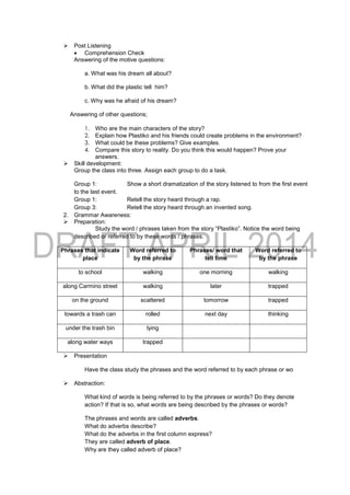  Post Listening
 Comprehension Check
Answering of the motive questions:
a. What was his dream all about?
b. What did the plastic tell him?
c. Why was he afraid of his dream?
Answering of other questions;
1. Who are the main characters of the story?
2. Explain how Plastiko and his friends could create problems in the environment?
3. What could be these problems? Give examples.
4. Compare this story to reality. Do you think this would happen? Prove your
answers.
 Skill development:
Group the class into three. Assign each group to do a task.
Group 1: Show a short dramatization of the story listened to from the first event
to the last event.
Group 1: Retell the story heard through a rap.
Group 3: Retell the story heard through an invented song.
2. Grammar Awareness:
 Preparation:
Study the word / phrases taken from the story “Plastiko”. Notice the word being
described or referred to by these words / phrases.
Phrases that indicate
place
Word referred to
by the phrase
Phrases/ word that
tell time
Word referred to
by the phrase
to school walking one morning walking
along Carmino street walking later trapped
on the ground scattered tomorrow trapped
towards a trash can rolled next day thinking
under the trash bin lying
along water ways trapped
 Presentation
Have the class study the phrases and the word referred to by each phrase or wo
 Abstraction:
What kind of words is being referred to by the phrases or words? Do they denote
action? If that is so, what words are being described by the phrases or words?
The phrases and words are called adverbs.
What do adverbs describe?
What do the adverbs in the first column express?
They are called adverb of place.
Why are they called adverb of place?
 