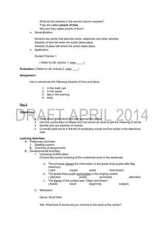 What do the adverbs in the second column express?
They are called adverb of time.
Why are they called adverb of time?
 Generalization:
Adverbs are words that describe verbs, adjectives and other adverbs.
Adverbs of time tell when the action takes place.
Adverbs of place tell where the action takes place.
 Application:
Guided Practice 1
( Refer to LM, Activity 1, page ____ )
Evaluation: ( Refer to LM, Activity 2, page ___ )
Assignment:
Use in sentences the following adverbs of time and place.
1. in the trash can
2. in the ocean
3. late in the evening
4. early
Day 3
Objectives:
 Read aloud grade level text with appropriate speed
 Use the combination of affixes and root words as clues to get the meaning of words
 Identify and use adverbs of manner.
 Correctly spell words in the list of vocabulary words and the words in the selections
read
Learning Activities:
A. Preliminary Activities
1. Spelling Lesson:
2. Checking of assignments
B. Developmental Activities:
1. Unlocking of Difficulties:
Choose the correct meaning of the underlined word in the sentences.
a. The principal relayed the information to the grade three pupils after flag
ceremony.
( sent copied wrote memorized)
b. The grade three pupils participated in the singing contest.
( attacked joined connected attended)
c. The theme of the contest was “Clean and Green”.
( leader result beginning subject)
2. Motivation:
Game: Word Web
Ask: What kind of words did you connect to the word at the center?
 