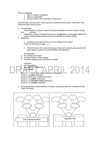 This is a hyperbole.
1. Why is it called a hyperbole?
2. What is a hyperbole?
3. Can you think of other examples of hyperbole?
Have the class read the poem. Call on groups of pupils to read the poem. Have pairs, then
individual pupils read the poem.
4. Generalization:
Personification is a figure of speech that gives attributes of human beings to things
and animals.
Hyperbole is a figure of speech that uses an exaggerated or extravagant statement to
create a strong emotional response but not intended to be taken literally.
5. Application:
 Underline the phrase that gives a human attribute to an object.
( Refer to LM Activity 4, page ___ )
 Group the class into 4. Give each group a task card. Let each group express the
given objects or persons in personification and hyperbole.
personification
a. the soft blow of the wind
b. the rows of trees on the roadside
c. butterflies fluttering from one flower to another
hyperbole
d. a hungry person
e. the weight of a heavy bag
f. a very fat girl
Group 1: ( Writes their answers on green metacards.)
Group 2: ( on blue metacards)
Group 3: (Write them on pink metacards)
Group 4: ( on yellow metacards)
Group 5: ( on lavender/ violet metacards )
Group 6: ( on orange metacards)
6. Group presentation and processing of outputs. Each group posts the metacards on the
“trees” like below.
Tree of Personifications
Hyperbole Tree
 