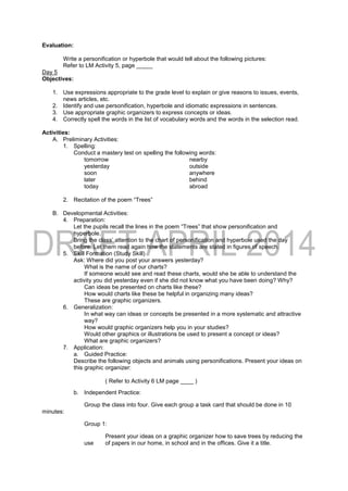 Evaluation:
Write a personification or hyperbole that would tell about the following pictures:
Refer to LM Activity 5, page _____
Day 5
Objectives:
1. Use expressions appropriate to the grade level to explain or give reasons to issues, events,
news articles, etc.
2. Identify and use personification, hyperbole and idiomatic expressions in sentences.
3. Use appropriate graphic organizers to express concepts or ideas.
4. Correctly spell the words in the list of vocabulary words and the words in the selection read.
Activities:
A. Preliminary Activities:
1. Spelling:
Conduct a mastery test on spelling the following words:
tomorrow nearby
yesterday outside
soon anywhere
later behind
today abroad
2. Recitation of the poem “Trees”
B. Developmental Activities:
4. Preparation:
Let the pupils recall the lines in the poem “Trees” that show personification and
hyperbole.
Bring the class’ attention to the chart of personification and hyperbole used the day
before. Let them read again how the statements are stated in figures of speech.
5. Skill Formation (Study Skill)
Ask: Where did you post your answers yesterday?
What is the name of our charts?
If someone would see and read these charts, would she be able to understand the
activity you did yesterday even if she did not know what you have been doing? Why?
Can ideas be presented on charts like these?
How would charts like these be helpful in organizing many ideas?
These are graphic organizers.
6. Generalization:
In what way can ideas or concepts be presented in a more systematic and attractive
way?
How would graphic organizers help you in your studies?
Would other graphics or illustrations be used to present a concept or ideas?
What are graphic organizers?
7. Application:
a. Guided Practice:
Describe the following objects and animals using personifications. Present your ideas on
this graphic organizer:
( Refer to Activity 6 LM page ____ )
b. Independent Practice:
Group the class into four. Give each group a task card that should be done in 10
minutes:
Group 1:
Present your ideas on a graphic organizer how to save trees by reducing the
use of papers in our home, in school and in the offices. Give it a title.
 