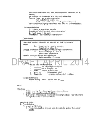 Use hope to tell about something you want and you think is possible to
happen.
Ex. I hope I can be a teacher someday.
I hope I can go to tagaytay.
Use wish to tell about something you want but is impossible to happen.
Ex. I wish I had wings so I could fly.
I wish I were not here now.
Use wish to express goodwill and pleasantries.
Ex. I wish you a Merry Christmas.
Have pupils think further about what they hope or wish to become and do
someday
Say: Discuss with a classmate what your hopes and wishes.
Example: I hope I can be a doctor someday.
I will study hard to become one.
I wish I were a millionaire so I could go around the world.
Say: Share with your group or the whole class what you have talked about.
Concept Development
1. I hope to be an engineer someday
Question: What will you do to become an engineer?
2. I wish I could fly like a bird
Question: Is it possible to fly like a bird? Why?
Generalization
Practice:
Fill in the blank with hope or wish.
1. I _______i can get good grades in class.
2. I _______i can go to Baguio City.
3. How I _____i could be a princess!
4. Would you ______ to have wings to fly?
5. My parents _______ my sister and I can study in collage.
Independent Practice
Refer to Activity 1 and 2, Q1 Week 4 LM pp. ____
Day 2
Objectives
 Get the meaning of words using pictures and context clues.
 Get the main idea of a narrative text heard.
 Express love for stories and other texts by browsing the books read to them and
asking to be read more stories and texts.
Learning Activities
1. Pre – Listening
A. Unlocking of Difficulties
1. There are red, yellow, pink, and white flowers in the garden. They are very
colorful.
 