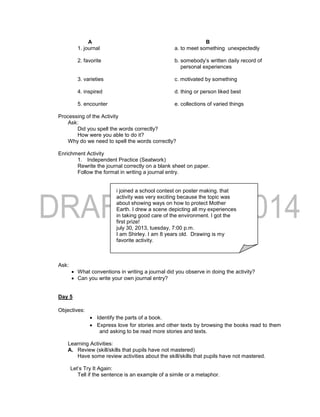 A B
1. journal a. to meet something unexpectedly
2. favorite b. somebody’s written daily record of
personal experiences
3. varieties c. motivated by something
4. inspired d. thing or person liked best
5. encounter e. collections of varied things
Processing of the Activity
Ask:
Did you spell the words correctly?
How were you able to do it?
Why do we need to spell the words correctly?
Enrichment Activity
1. Independent Practice (Seatwork)
Rewrite the journal correctly on a blank sheet on paper.
Follow the format in writing a journal entry.
i joined a school contest on poster making. that
activity was very exciting because the topic was
about showing ways on how to protect Mother
Earth. I drew a scene depicting all my experiences
in taking good care of the environment. I got the
first prize!
july 30, 2013, tuesday, 7:00 p.m.
I am Shirley. I am 8 years old. Drawing is my
favorite activity.
Ask:
 What conventions in writing a journal did you observe in doing the activity?
 Can you write your own journal entry?
Day 5
Objectives:
 Identify the parts of a book.
 Express love for stories and other texts by browsing the books read to them
and asking to be read more stories and texts.
Learning Activities:
A. Review (skill/skills that pupils have not mastered)
Have some review activities about the skill/skills that pupils have not mastered.
Let’s Try It Again:
Tell if the sentence is an example of a simile or a metaphor.
 