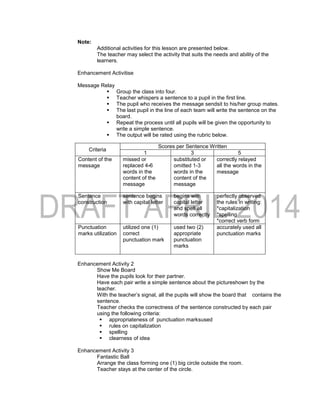 Note:
Additional activities for this lesson are presented below.
The teacher may select the activity that suits the needs and ability of the
learners.
Enhancement Activitise
Message Relay
 Group the class into four.
 Teacher whispers a sentence to a pupil in the first line.
 The pupil who receives the message sendsit to his/her group mates.
 The last pupil in the line of each team will write the sentence on the
board.
 Repeat the process until all pupils will be given the opportunity to
write a simple sentence.
 The output will be rated using the rubric below.
Criteria
Scores per Sentence Written
1 3 5
Content of the
message
missed or
replaced 4-6
words in the
content of the
message
substituted or
omitted 1-3
words in the
content of the
message
correctly relayed
all the words in the
message
Sentence
construction
sentence begins
with capital letter
begins with
capital letter
and spell all
words correctly
perfectly observed
the rules in writing:
*capitalization
*spelling
*correct verb form
Punctuation
marks utilization
utilized one (1)
correct
punctuation mark
used two (2)
appropriate
punctuation
marks
accurately used all
punctuation marks
Enhancement Activity 2
Show Me Board
Have the pupils look for their partner.
Have each pair write a simple sentence about the pictureshown by the
teacher.
With the teacher’s signal, all the pupils will show the board that contains the
sentence.
Teacher checks the correctness of the sentence constructed by each pair
using the following criteria:
 appropriateness of punctuation marksused
 rules on capitalization
 spelling
 clearness of idea
Enhancement Activity 3
Fantastic Ball
Arrange the class forming one (1) big circle outside the room.
Teacher stays at the center of the circle.
 