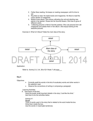2. Father likes reading. He keeps on reading newspaper until it’s time to
eat.
3. Roy likes to read. He reads books and magazines. He likes to read the
comic section of magazines.
4. Mother loves plants. She enjoys cultivating the soil and planting new
plants in her garden. Roses are her favorite flowers. She tries to grow of
different colors.
5. Collecting pictures is Alma’s favorite pastime. She cuts pictures from old
magazines and pastes them in her album. She enjoys looking at the
beautiful pictures.
Exercise 2. What Is It About? State the main idea of the story.
Application:
Refer to Activity 2-3, 3-A, 3B of Q1 Week 7 LM page___
Day 4
Objectives
 Correctly spell the words in the list of vocabulary words and other words in
the selection read.
 Observe the conventions of writing in composing a paragraph.
Learning Activities
A. Discussion of the text
Have the pupils recall important details in the story “Just like the Ants.”
Ask them to do the activities below.
Activity # 1
Recall
Think of words used in the story that is related to the word inside the box.
Write them inside the box.
Use the words in meaningful sentences.
Main idea of
the story
detail
detail
detaildetail
 
