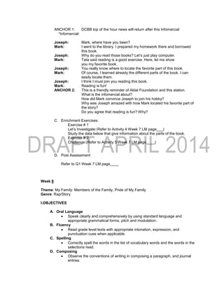ANCHOR 1: DCBB top of the hour news will return after this Infomercial
*Infomercial:
Joseph: Mark, where have you been?
Mark: I went to the library. I prepared my homework there and borrowed
this book.
Joseph: Why do you read those books? Let’s just play computer.
Mark: Tata said reading is a good exercise. Here, let me show
you my favorite book.
Joseph: You really know where to locate the favorite part of this book.
Mark: Of course, I learned already the different parts of the book. I can
easily locate them.
Joseph: I think I must join you reading this book.
Mark: Reading is fun!
ANCHOR 2: This is a friendly reminder of Aklat Foundation and this station.
What is the infomercial about?
How did Mark convince Joseph to join his hobby?
Why was Joseph amazed with how Mark located his favorite part of
the story?
Do you agree that reading is fun? Why?
C. Enrichment Exercises:
Exercise # 1
Let’s Investigate:(Refer to Activity 4 Week 7 LM page___)
Study the data below that give information about the parts of the book.
Exercise # 2
Challenge:(Refer to Activity 5 Week 7 LM page____)
D. Post Assessment
Refer to Q1 Week 7 LM page____
Week 8
Theme: My Family: Members of the Family, Pride of My Family
Genre: Rap/Story
I.OBJECTIVES
A. Oral Language
 Speak clearly and comprehensively by using standard language and
appropriate grammatical forms, pitch and modulation.
B. Fluency
 Read grade level texts with appropriate intonation, expression, and
punctuation cues when applicable.
C. Spelling
 Correctly spell the words in the list of vocabulary words and the words in the
selections read.
D. Composing
 Observe the conventions of writing in composing a paragraph, and journal
entries.
 