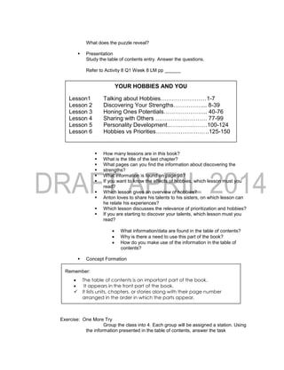 What does the puzzle reveal?
 Presentation
Study the table of contents entry. Answer the questions.
Refer to Activity 8 Q1 Week 8 LM pp ______
 How many lessons are in this book?
 What is the title of the last chapter?
 What pages can you find the information about discovering the
 strengths?
 What information is found on page 98?
 If you want to know the effects of hobbies, which lesson must you
read?
 Which lesson gives an overview of hobbies?
 Anton loves to share his talents to his sisters, on which lesson can
he relate his experiences?
 Which lesson discusses the relevance of prioritization and hobbies?
 If you are starting to discover your talents, which lesson must you
read?
 What information/data are found in the table of contents?
 Why is there a need to use this part of the book?
 How do you make use of the information in the table of
contents?
 Concept Formation
Exercise: One More Try
Group the class into 4. Each group will be assigned a station. Using
the information presented in the table of contents, answer the task
YOUR HOBBIES AND YOU
Lesson1 Talking about Hobbies……………………1-7
Lesson 2 Discovering Your Strengths……………... 8-39
Lesson 3 Honing Ones Potentials………………….. 40-76
Lesson 4 Sharing with Others ……………………… 77-99
Lesson 5 Personality Development…………………100-124
Lesson 6 Hobbies vs Priorities……………………….125-150
Remember:
 The table of contents is an important part of the book.
 It appears in the front part of the book.
 It lists units, chapters, or stories along with their page number
arranged in the order in which the parts appear.
 