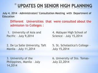 * UPDATES ON SENIOR HIGH PLANNING 
July 4, 2014 – Administrators’ Consultation Meeting with Department of 
Education 
Different Universities that were consulted about the 
admission to Colleges : 
1. University of Asia and 
Pacific – July 9,2014 
2. De La Salle University, Taft 
Manila – July 11,2014 
3. University of the 
Philippines, Manila – July 
14,2014 
4. Malayan High School of 
Science – July 15,2014 
5. St. Scholastica’s College – 
July 15,2014 
6. University of Sto. Tomas- 
July 22,2014 
 