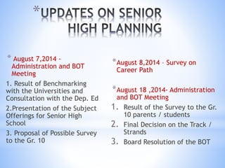 * 
* August 7,2014 - 
Administration and BOT 
Meeting 
1. Result of Benchmarking 
with the Universities and 
Consultation with the Dep. Ed 
2.Presentation of the Subject 
Offerings for Senior High 
School 
3. Proposal of Possible Survey 
to the Gr. 10 
*August 8,2014 – Survey on 
Career Path 
*August 18 ,2014- Administration 
and BOT Meeting 
1. Result of the Survey to the Gr. 
10 parents / students 
2. Final Decision on the Track / 
Strands 
3. Board Resolution of the BOT 
 