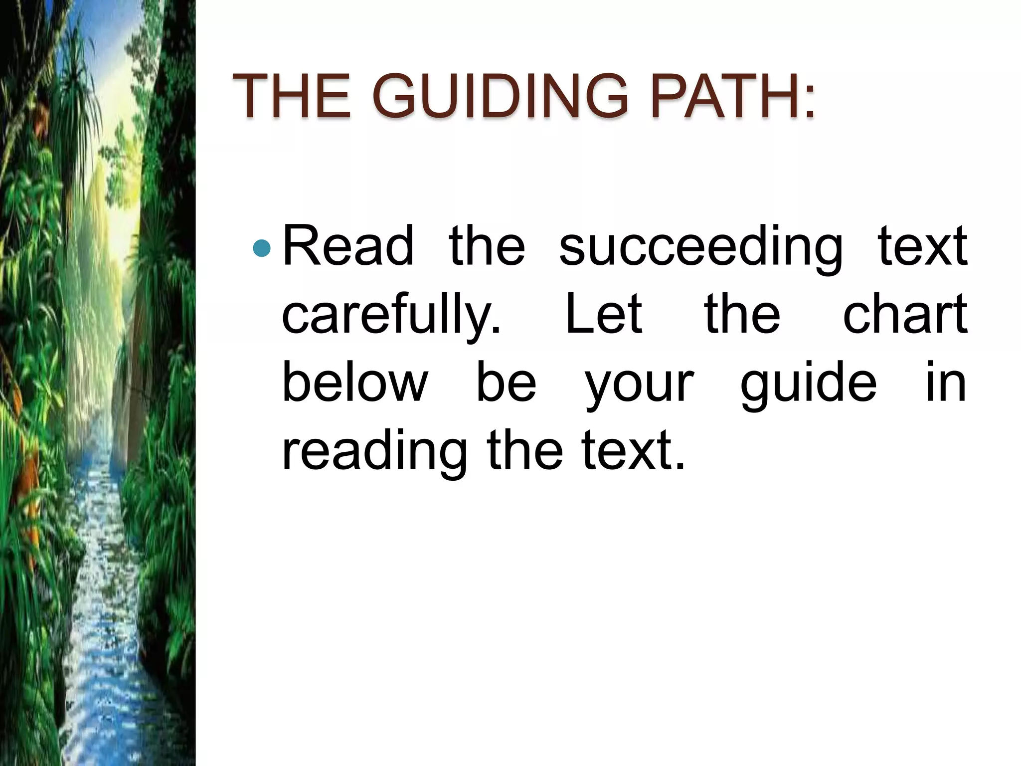 THE GUIDING PATH:
Read the succeeding text
carefully. Let the chart
below be your guide in
reading the text.
 