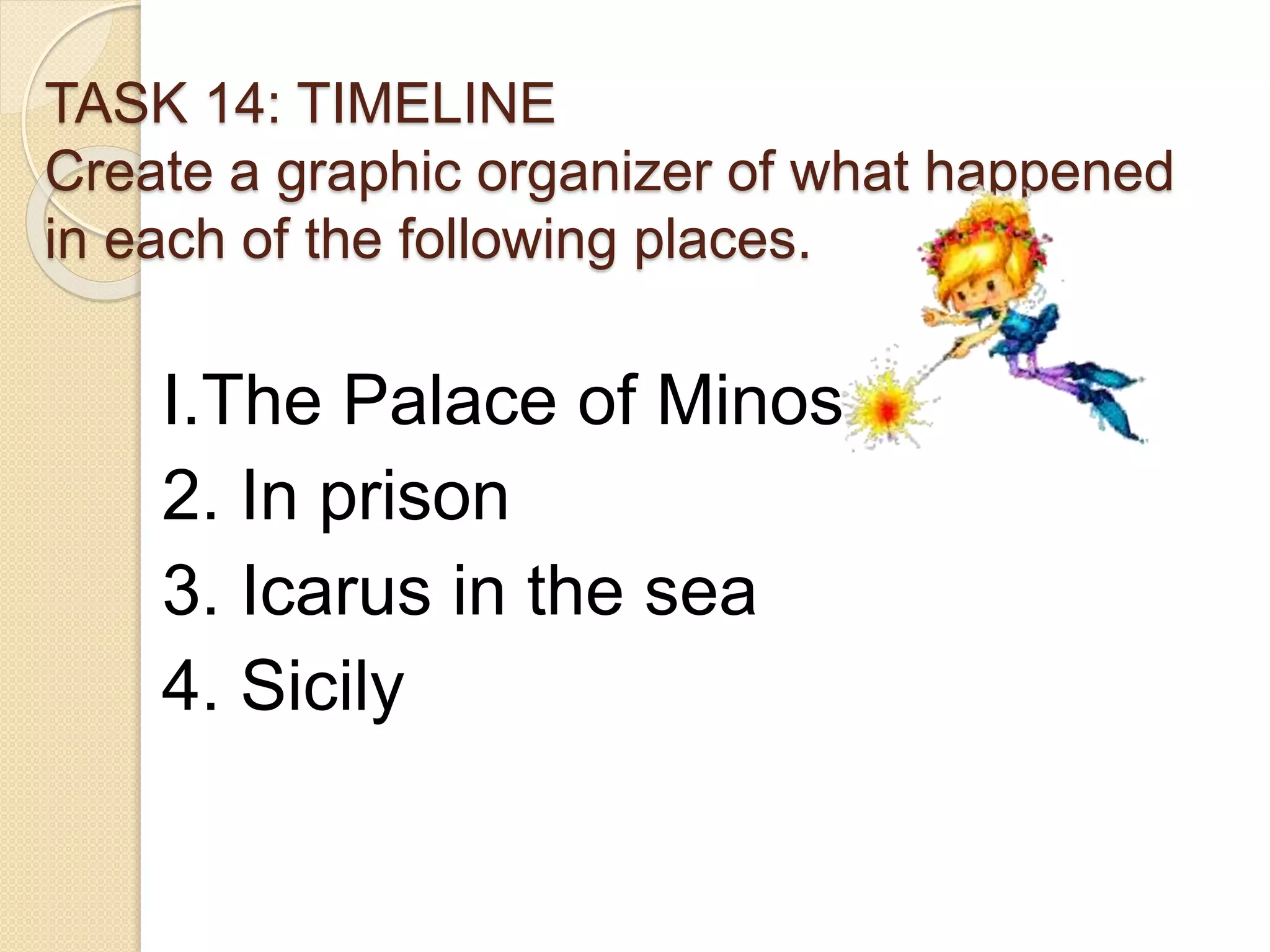 TASK 14: TIMELINE
Create a graphic organizer of what happened
in each of the following places.
I.The Palace of Minos
2. In prison
3. Icarus in the sea
4. Sicily
 