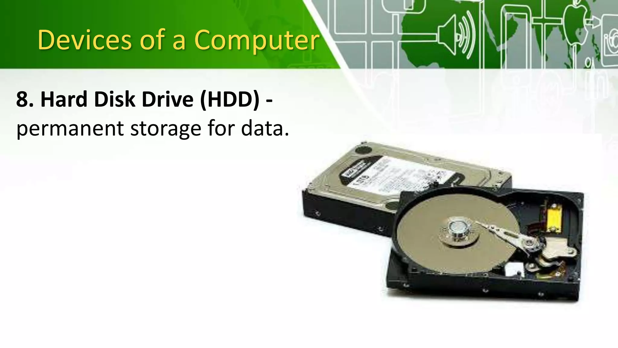 Devices of a Computer
8. Hard Disk Drive (HDD) -
permanent storage for data.
 
