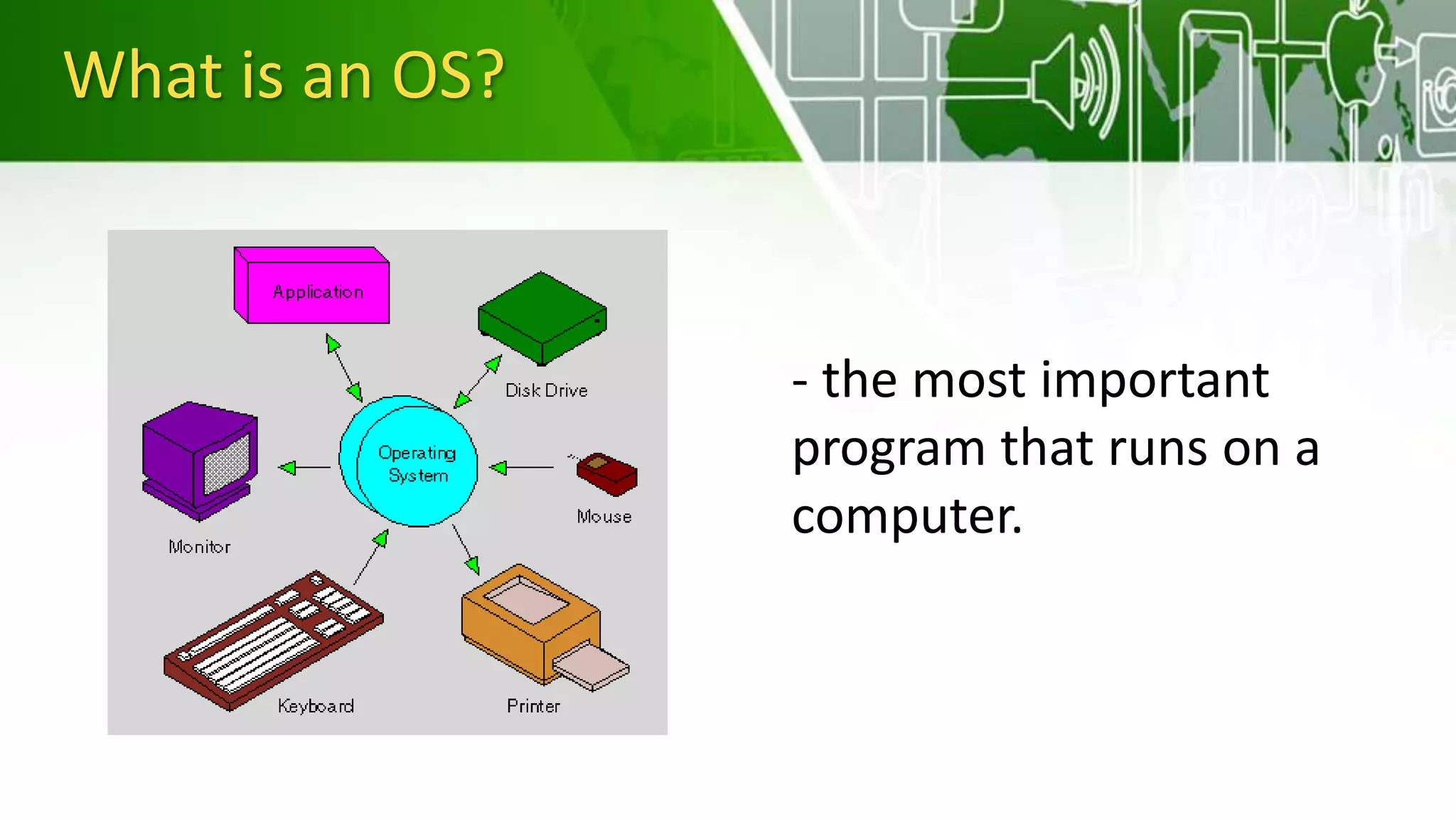 What is an OS?
- the most important
program that runs on a
computer.
 