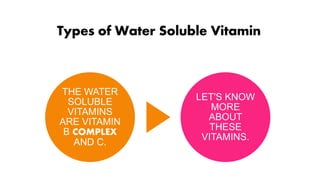Types of Water Soluble Vitamin
THE WATER
SOLUBLE
VITAMINS
ARE VITAMIN
B COMPLEX
AND C.
LET'S KNOW
MORE
ABOUT
THESE
VITAMINS.
 