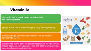 Vitamin B2
Vitamin B2 helps break down proteins, fats,
and carbohydrates.
It plays a vital role in maintaining the body's energy supply.
Riboflavin helps convert carbohydrates into adenosine
triphosphate (ATP).
It is required by the body for cellular respiration. Food sources
include eggs, green vegetables, milk and other dairy products,
meat, mushrooms, and almonds.
 