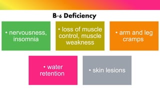 B‐6 Deficiency
• nervousness,
insomnia
• loss of muscle
control, muscle
weakness
• arm and leg
cramps
• water
retention
• skin lesions
 