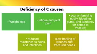 Deficiency of C causes:
• Weight loss
• fatigue and joint
pain
• scurvy (bruising
easily, bleeding
gums, and tendency
for bones to
fracture)
• reduced
resistance to colds
and infections
• slow healing of
wounds and
fractured bones
 