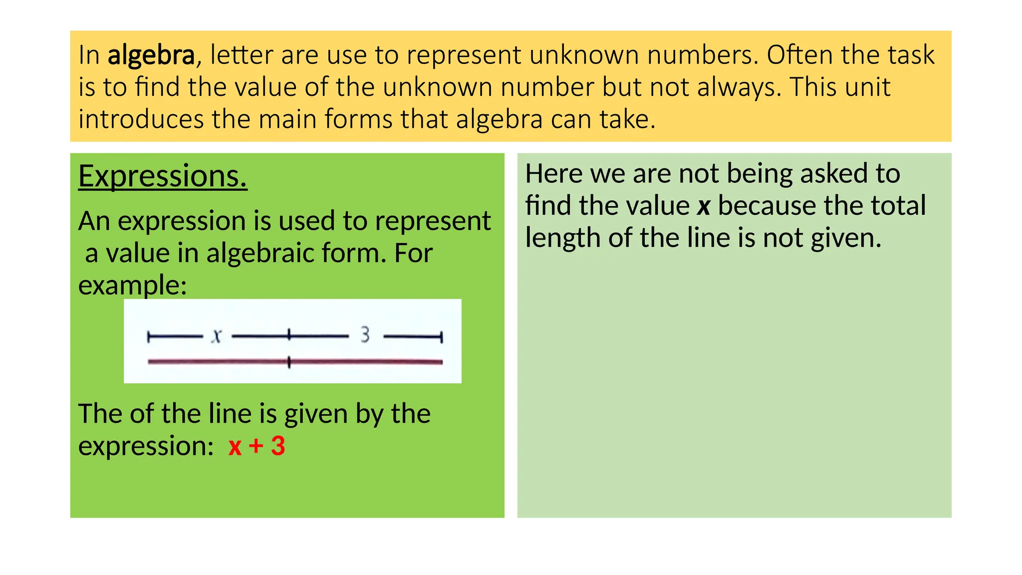 In algebra, letter are use to represent unknown numbers. Often the task
is to find the value of the unknown number but not always. This unit
introduces the main forms that algebra can take.
Expressions.
An expression is used to represent
a value in algebraic form. For
example:
The of the line is given by the
expression: x + 3
Here we are not being asked to
find the value x because the total
length of the line is not given.
 