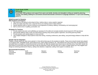 Fourth Grade CCGPS
            Writing (W)
            ELACC4W5: With guidance and support from peers and adults, develop and strengthen writing as needed by planning,
            revising, and editing. (Editing for conventions should demonstrate command of Language standards 1–3 up to and including
            grade 4.)

Skills/Concepts for Students:
With Guidance and Support:
     Plan what you are going to write ahead of time, making notes or using a graphic organizer
     Write your paper more than once, using the first try as a starting point to make revisions
     Revise selected drafts to improve coherence and progression by adding, deleting, consolidating, and rearranging text
     Edit to correct errors in spelling, punctuation, etc

Strategies for Teachers:
     Provide explicit instruction and scaffolding as necessary for the skills and concepts students should acquire for W5 (see above)
     Demonstrate different ways to plan and draft writing including using various graphic organizers, and writing planning sheets
     Provide students with sample papers to revise and edit
     Use multiple strategies to help students revise their writing, including conferences, peer editing, using technology software to help edit the
        work

Sample Task for Integration:
Prepare a simple essay with clear errors planted in it that will be fairly easy for the students to identify. These errors should include items placed
out of logical order, misspelled words, grammatical errors, claims without evidence, etc. Tell students how many errors they are expected to find
and allow them to compete in a timed environment to find them all. After the students have found most or all of the errors, have them rewrite the
short piece to fix the errors they found and also to add any elements of their own that they can to make it a better essay (you may suggest such
things as combining sentences for fluency, adding more adverbs or adjectives, adding more support or evidence, etc.)

Recommended Vocabulary:
Planning                Draft                                 Revision                                Editing               Grammar
Conventions             Organization                          Evidence                                Transition            Adverb
Adjective               Descriptions




                                                                 Georgia Department of Education
                                                          Dr. John D. Barge, State School Superintendent
                                                                   January 2012  Page 28 of 66
                                                                       All Rights Reserved
 