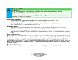 Fourth Grade CCGPS
            Language (L)
            ELACC4L3: Use knowledge of language and its conventions when writing, speaking, reading, or listening.
            a. Choose words and phrases to convey ideas precisely.
            b. Choose punctuation for effect.
            c. Differentiate between contexts that call for formal English (e.g., presenting ideas) and situations where informal discourse is
            appropriate (e.g., small-group discussion).


Skills/Concepts for Students:
     Review and maintain the grammatical knowledge that you have been acquiring throughout your time in school
     Edit writing to improve word choice after checking the precision of the vocabulary
     Use precise language, action verbs, sensory details, appropriate modifiers, and active rather than passive voice
     Notice the way authors use precise words and punctuation for effect

Strategies for Teachers:
     Provide explicit instruction and scaffolding as necessary for the skills and concepts students should acquire for L3 (see above)
     Model how to combine, expand, and reduce sentences for meaning, reader/listener interest, and style
     Proactively seek out examples of grammatical concepts under consideration in texts under consideration by the class
     Be sure to consult the Language Progressive Skills Chart within the CCGPS to identify grammar and mechanical skills to be continued in
        grade 4

Sample Task for Integration
Provide students with a paragraph that has been purposefully constructed to be vague and lifeless, (for example: Today I ate lunch. It was good.
Then I took a nap and later I got up and had to go to the store with my mom. We came home early and played Scrabble. I fed my dog and then I
did my homework.) Guide students, perhaps through specific steps (use an activity sheet or organizer if desired) in improving the paragraph using
the specific skills addressed in this standard. Students should separate and combine the words to make better sentence combinations. They
should add appropriate punctuation and perhaps some quotations or dialogue. Have students had several descriptions and sensory details. Have
several students share aloud with the class and led students in a collaborative discussion about how much more clear and enjoyable the pieces
are after the revisions.

Recommended Vocabulary:
Conventions             Precise                          Punctuation                  Formal English        Word choice/diction




                                                                Georgia Department of Education
                                                         Dr. John D. Barge, State School Superintendent
                                                                  January 2012  Page 42 of 66
                                                                      All Rights Reserved
 