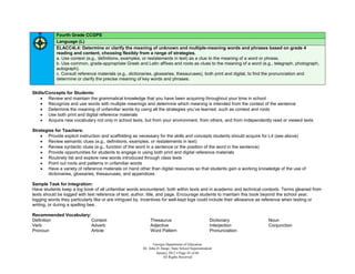 Fourth Grade CCGPS
            Language (L)
            ELACC4L4: Determine or clarify the meaning of unknown and multiple-meaning words and phrases based on grade 4
            reading and content, choosing flexibly from a range of strategies.
            a. Use context (e.g., definitions, examples, or restatements in text) as a clue to the meaning of a word or phrase.
            b. Use common, grade-appropriate Greek and Latin affixes and roots as clues to the meaning of a word (e.g., telegraph, photograph,
            autograph).
            c. Consult reference materials (e.g., dictionaries, glossaries, thesauruses), both print and digital, to find the pronunciation and
            determine or clarify the precise meaning of key words and phrases.


Skills/Concepts for Students:
     Review and maintain the grammatical knowledge that you have been acquiring throughout your time in school
     Recognize and use words with multiple meanings and determine which meaning is intended from the context of the sentence
     Determine the meaning of unfamiliar words by using all the strategies you’ve learned, such as context and roots
     Use both print and digital reference materials
     Acquire new vocabulary not only in school texts, but from your environment, from others, and from independently read or viewed texts

Strategies for Teachers:
     Provide explicit instruction and scaffolding as necessary for the skills and concepts students should acquire for L4 (see above)
     Review semantic clues (e.g., definitions, examples, or restatements in text)
     Review syntactic clues (e.g., function of the word in a sentence or the position of the word in the sentence)
     Provide opportunities for students to engage in using both print and digital reference materials
     Routinely list and explore new words introduced through class texts
     Point out roots and patterns in unfamiliar words
     Have a variety of reference materials on hand other than digital resources so that students gain a working knowledge of the use of
        dictionaries, glossaries, thesauruses, and appendices

Sample Task for Integration:
Have students keep a log book of all unfamiliar words encountered, both within texts and in academic and technical contexts. Terms gleaned from
texts should be logged with text reference of text, author, title, and page. Encourage students to maintain this book beyond the school year,
logging words they particularly like or are intrigued by. Incentives for well-kept logs could include their allowance as reference when testing or
writing, or during a spelling bee.

Recommended Vocabulary:
Definition              Context                             Thesaurus                               Dictionary         Noun
Verb                    Adverb                              Adjective                               Interjection       Conjunction
Pronoun                 Article                             Word Pattern                            Pronunciation


                                                               Georgia Department of Education
                                                        Dr. John D. Barge, State School Superintendent
                                                                 January 2012  Page 43 of 66
                                                                     All Rights Reserved
 