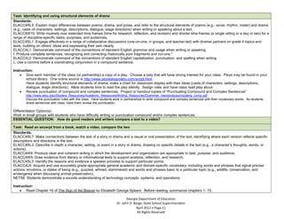 Task: Identifying and using structural elements of drama
Standards:
ELACC4RL5: Explain major differences between poems, drama, and prose, and refer to the structural elements of poems (e.g., verse, rhythm, meter) and drama
(e.g., casts of characters, settings, descriptions, dialogue, stage directions) when writing or speaking about a text.
ELACC4W10: Write routinely over extended time frames (time for research, reflection, and revision) and shorter time frames (a single sitting or a day or two) for a
range of discipline-specific tasks, purposes, and audiences.
ELACC4SL1: Engage effectively in a range of collaborative discussions (one-on-one, in groups, and teacher-led) with diverse partners on grade 4 topics and
texts, building on others’ ideas and expressing their own clearly.
ELACC4L1: Demonstrate command of the conventions of standard English grammar and usage when writing or speaking.
f. Produce complete sentences, recognizing and correcting rhetorically poor fragments and run-ons.*
ELACC4L2: Demonstrate command of the conventions of standard English capitalization, punctuation, and spelling when writing.
c. Use a comma before a coordinating conjunction in a compound sentence.

Instruction:
        Give each member of the class (or partnership) a copy of a play. Choose a play that will have strong interest for your class. Plays may be found in your
        school library. One online source is http://www.storiestogrowby.com/script.html.
        Have students identify structural elements of drama; make a chart for classroom display with their ideas (casts of characters, settings, descriptions,
        dialogue, stage directions). Allow students time to read the play silently. Assign roles and have class read play aloud.
        Review punctuation of compound and complex sentences. Project or handout copies of “Punctuating Compound and Complex Sentences”
        http://www.stlcc.edu/Student_Resources/Academic_Resources/Writing_Resources/Grammar_Handouts/punctuating_comp.pdf
        Discuss the punctuation rules with the class. Have students work in partnerships to write compound and complex sentences with their vocabulary words. As students
        share sentences with class, have them review the punctuation.

Differentiation Option(s):
Work in small groups with students who have difficulty writing or punctuation compound and/or complex sentences.
ESSENTIAL QUESTION: How do good readers and writers compare a text to a video?

Task: Read an excerpt from a book, watch a video, compare the two
Standards:
ELACC4RL7: Make connections between the text of a story or drama and a visual or oral presentation of the text, identifying where each version reflects specific
descriptions and directions in the text.
ELACC4RL3: Describe in depth a character, setting, or event in a story or drama, drawing on specific details in the text (e.g., a character’s thoughts, words, or
actions).
ELACC4W4: Produce clear and coherent writing in which the development and organization are appropriate to task, purpose, and audience.
ELACC4W9: Draw evidence from literary or informational texts to support analysis, reflection, and research.
ELACC4SL3: Identify the reasons and evidence a speaker provides to support particular points.
ELACC4L6: Acquire and use accurately grade-appropriate general academic and domain-specific vocabulary, including words and phrases that signal precise
actions, emotions, or states of being (e.g., quizzed, whined, stammered) and words and phrases basic to a particular topic (e.g., wildlife, conservation, and
endangered when discussing animal preservation).
NETS6 Students demonstrate a sounds understanding of technology concepts, systems, and operations.

Instruction:
        Read Chapter 16 of The Sign of the Beaver by Elizabeth George Speare. Before reading, summarize chapters 1- 15.

                                                                            Georgia Department of Education
                                                                     Dr. John D. Barge, State School Superintendent
                                                                                  April 2012 Page 11
                                                                                   All Rights Reserved
 