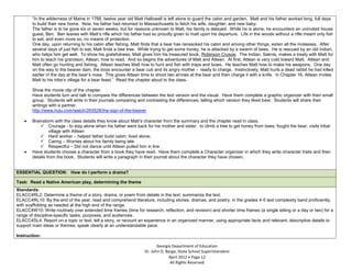 “In the wilderness of Maine in 1768, twelve year old Matt Hallowell is left alone to guard the cabin and garden. Matt and his father worked long, full days
        to build their new home. Now, his father had returned to Massachusetts to fetch his wife, daughter, and new baby.
        The father is to be gone six or seven weeks, but for reasons unknown to Matt, his family is delayed. While he is alone, he encounters an uninvited house
        guest, Ben. Ben leaves with Matt’s rifle which his father had so proudly given to matt upon his departure. Life in the woods without a rifle meant only fish
        to eat, and even more so, no means of protection.
        One day, upon returning to his cabin after fishing, Matt finds that a bear has ransacked his cabin and among other things, eaten all the molasses. After
        several days of just fish to eat, Matt finds a bee tree. While trying to get some honey, he is attacked by a swarm of bees. He is rescued by an old Indian,
        who helps him get well. To show his gratefulness, Matt gives him his treasured book, Robinson Crusoe. The Indian, Saknis, makes a treaty with Matt for
        him to teach his grandson, Attean, how to read. And so begins the adventures of Matt and Attean. At first, Attean is very cold toward Matt. Attean and
        Matt often go hunting and fishing. Attean teaches Matt how to hunt and fish with traps and bows. He teaches Matt how to make his weapons. One day
        on the way to the beaver dam, the boys encounter a bear cub and its angry mother - ready to charge. Instinctively, Matt hurls a dead rabbit he had killed
        earlier in the day at the bear’s nose. This gives Attean time to shoot two arrows at the bear and then charge it with a knife. In Chapter 16, Attean invites
        Matt to his tribe’s village for a bear feast.” Read the chapter aloud to the class.

        Show the movie clip of the chapter.
        Have students turn and talk to compare the differences between the text version and the visual. Have them complete a graphic organizer with their small
        group. Students will write in their journals comparing and contrasting the differences, telling which version they liked best. Students will share their
        writings with a partner.
        http://www.hulu.com/watch/263528/the-sign-of-the-beaver

        Brainstorm with the class details they know about Matt’s character from the summary and the chapter read in class.
             Courage - to stay alone when his father went back for his mother and sister; to climb a tree to get honey from bees; fought the bear; visits tribal
                 village with Attean
             Hard worker – helped father build cabin; lived alone;
             Caring – Worries about his family being late
             Respectful – Did not dance until Attean pulled him in line
        Have students choose a character from a book they have read. Have them complete a Character organizer in which they write character traits and then
        details from the book. Students will write a paragraph in their journal about the character they have chosen.


ESSENTIAL QUESTION: How do I perform a drama?

Task: Read a Native American play, determining the theme
Standards:
ELACC4RL2: Determine a theme of a story, drama, or poem from details in the text; summarize the text.
ELACC4RL10: By the end of the year, read and comprehend literature, including stories, dramas, and poetry, in the grades 4-5 text complexity band proficiently,
with scaffolding as needed at the high end of the range.
ELACC4W10: Write routinely over extended time frames (time for research, reflection, and revision) and shorter time frames (a single sitting or a day or two) for a
range of discipline-specific tasks, purposes, and audiences.
ELACC4SL4: Report on a topic or text, tell a story, or recount an experience in an organized manner, using appropriate facts and relevant, descriptive details to
support main ideas or themes; speak clearly at an understandable pace.

Instruction:

                                                                         Georgia Department of Education
                                                                  Dr. John D. Barge, State School Superintendent
                                                                               April 2012 Page 12
                                                                                All Rights Reserved
 
