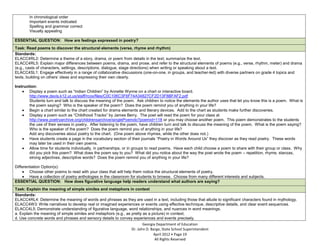 In chronological order
        Important events indicated
        Spelling and grammar correct
        Visually appealing

ESSENTIAL QUESTION: How are feelings expressed in poetry?
Task: Read poems to discover the structural elements (verse, rhyme and rhythm)
Standards:
ELACC4RL2: Determine a theme of a story, drama, or poem from details in the text; summarize the text.
ELACC4RL5: Explain major differences between poems, drama, and prose, and refer to the structural elements of poems (e.g., verse, rhythm, meter) and drama
(e.g., casts of characters, settings, descriptions, dialogue, stage directions) when writing or speaking about a text.
ELACC4SL1: Engage effectively in a range of collaborative discussions (one-on-one, in groups, and teacher-led) with diverse partners on grade 4 topics and
texts, building on others’ ideas and expressing their own clearly.

Instruction:
        Display a poem such as “Indian Children” by Annette Wynne on a chart or interactive board.
        http://www.davis.k12.ut.us/staff/rcox/files/C0C106C3F6F74A34827CF2D13F8BFAF2.pdf
        Students turn and talk to discuss the meaning of the poem. Ask children to notice the elements the author uses that let you know this is a poem. What is
        the poem saying? Who is the speaker of the poem? Does the poem remind you of anything in your life?
        Begin a chart similar to the chart created for drama elements and literary devices. Add to the chart as students make further discoveries.
        Display a poem such as “Childhood Tracks” by James Berry. The poet will read the poem for your class at
        http://www.poetryarchive.org/childrensarchive/singlePoemdo?poemid=118 or you may choose another poem. This poem demonstrates to the students
        the use of their senses in poetry. After listening to the poem, have children turn and talk to discuss the meaning of the poem. What is the poem saying?
        Who is the speaker of the poem? Does the poem remind you of anything in your life?
        Add any discoveries about poetry to the chart. (One poem above rhymes, while the other does not.)
        Have students create a page in the vocabulary section of their journals “Poetry in Words Around Us” they discover as they read poetry. These words
        may later be used in their own poems.
        Allow time for students individually, in partnerships, or in groups to read poems. Have each child choose a poem to share with their group or class. Why
        did you pick this poem? What does the poem say to you? What did you notice about the way the poet wrote the poem – repetition, rhyme, stanzas,
        strong adjectives, descriptive words? Does the poem remind you of anything in your life?

Differentiation Option(s):
        Choose other poems to read with your class that will help them notice the structural elements of poetry.
        Have a collection of poetry anthologies in the classroom for students to browse. Choose from many different interests and subjects.
ESSENTIAL QUESTION: How does figurative language help readers understand what authors are saying?
Task: Explain the meaning of simple similes and metaphors in context
Standards:
ELACC4RL4: Determine the meaning of words and phrases as they are used in a text, including those that allude to significant characters found in mythology.
ELACC4W3: Write narratives to develop real or imagined experiences or events using effective technique, descriptive details, and clear event sequences.
ELACC4L5: Demonstrate understanding of figurative language, word relationships, and nuances in word meanings.
a. Explain the meaning of simple similes and metaphors (e.g., as pretty as a picture) in context.
d. Use concrete words and phrases and sensory details to convey experiences and events precisely.
                                                                        Georgia Department of Education
                                                                 Dr. John D. Barge, State School Superintendent
                                                                              April 2012 Page 19
                                                                               All Rights Reserved
 