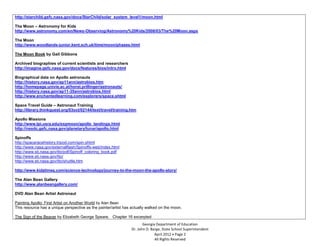 http://starchild.gsfc.nasa.gov/docs/StarChild/solar_system_level1/moon.html

The Moon – Astronomy for Kids
http://www.astronomy.com/en/News-Observing/Astronomy%20Kids/2008/03/The%20Moon.aspx

The Moon
http://www.woodlands-junior.kent.sch.uk/time/moon/phases.html

The Moon Book by Gail Gibbons

Archived biographies of current scientists and researchers
http://imagine.gsfc.nasa.gov/docs/features/bios/intro.html

Biographical data on Apollo astronauts
http://history.nasa.gov/ap11ann/astrobios.htm
http://homepage.univie.ac.at/horst.prillinger/astronauts/
http://history.nasa.gov/ap11-35ann/astrobios.html
http://www.enchantedlearning.com/explorers/space.shtml

Space Travel Guide – Astronaut Training
http://library.thinkquest.org/03oct/02144/text/travel/training.htm

Apollo Missions
http://www.lpi.usra.edu/expmoon/apollo_landings.html
http://nssdc.gsfc.nasa.gov/planetary/lunar/apollo.html

Spinoffs
http://spaceracehistory.tripod.com/spin.shtml
http://www.nasa.gov/externalflash/Spinoffs-web/index.html
http://www.sti.nasa.gov/tto/pdf/Spinoff_coloring_book.pdf
http://www.sti.nasa.gov/tto/
http://www.sti.nasa.gov/tto/shuttle.htm

http://www.kidztimez.com/science-technology/journey-to-the-moon-the-apollo-story/

The Alan Bean Gallery
http://www.alanbeangallery.com/

DVD Alan Bean Artist Astronaut

Painting Apollo: First Artist on Another World by Alan Bean
This resource has a unique perspective as the painter/artist has actually walked on the moon.

The Sign of the Beaver by Elizabeth George Speare. Chapter 16 excerpted
                                                                        Georgia Department of Education
                                                                 Dr. John D. Barge, State School Superintendent
                                                                               April 2012 Page 2
                                                                               All Rights Reserved
 