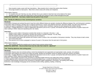 Have students create a poem with their descriptions. Allow students time to share their poems when finished.
        Encourage students to read poems. Allow time to share verses with similes and metaphors.

Differentiation Option(s):
        For students who don’t feel they can draw, tell them this is just a sketch to help them look at the details of the object.
        Students may wish to keep their partial poem in their journals and continue to work on them throughout the year.
ESSENTIAL QUESTION: How does a reader know the point of view of text?

Task: Identify the difference in first- and third-person narrations
Standards:
ELACC4RL6: Compare and contrast the point of view from which different stories are narrated, including the difference between first- and third-person narrations.
ELACC4W3: Write narratives to develop real or imagined experiences or events using effective technique, descriptive details, and clear event sequences.
a. Orient the reader by establishing a situation and introducing a narrator and/or characters; organize an event sequence that unfolds naturally.
ELACC4SL1: Engage effectively in a range of collaborative discussions (one-on-one, in groups, and teacher-led) with diverse partners on grade 4 topics and
texts, building on others’ ideas and expressing their own clearly.

Instruction:
        Display a poem written in first-person narrative (the narrator is a character in the story - I, we).
        Display a poem written in third-person narrative (the narrator is another character - he, she, they).
        Have the students read the poems and discuss who the narrator is.
        Have students read poetry with partners and choose a poem to share in first- and another in third-person narrative. They may choose to read a verse
        and not the entire poem.
        Give partners time to write a paragraph or stanza of a poem in first person then the same text in third person.

Differentiation Option(s):
        Have students identify the narrative point of view of some common picture books.
ESSENTIAL QUESTION: How do writers know how the order that is best for adjectives?

Task: Ordering adjectives when writing poetry
Standards:
ELACC4W4: Produce clear and coherent writing in which the development and organization are appropriate to task, purpose, and audience.
ELACC4W5: With guidance and support from peers and adults, develop and strengthen writing as needed by planning, revising, and editing.
ELACC4SL1: Engage effectively in a range of collaborative discussions (one-on-one, in groups, and teacher-led) with diverse partners on grade 4 topics and
texts, building on others’ ideas and expressing their own clearly.
ELACC4L1: Demonstrate command of the conventions of standard English grammar and usage when writing or speaking.
d. Order adjectives within sentences according to conventional patterns (e.g., a small red bag rather than a red small bag).
ELACC4L2: Demonstrate command of the conventions of standard English capitalization, punctuation, and spelling when writing.
ELACC4L3: Use knowledge of language and its conventions when writing, speaking, reading, or listening.

Instruction:

                                                                           Georgia Department of Education
                                                                    Dr. John D. Barge, State School Superintendent
                                                                                 April 2012 Page 21
                                                                                  All Rights Reserved
 