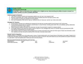 Grade 5 CCGPS
             Reading Informational (RI)
             ELACC5RI7: Draw on information from multiple print or digital sources, demonstrating the ability to locate an answer to a
             question quickly or to solve a problem efficiently.

Skills/Concepts for Students:
     Learn about computer programs and presentation platforms you can use in your academic work
     Become a responsible user of media, learning which types are reliable what which are best for various uses
     Learn the basics of sorting good websites from bad websites
     Don’t let the availability of the internet make you ineffective with print resources; maintain your media center skills

Strategies for Teachers:
     Provide explicit instruction and scaffolding as necessary for the skills and concepts students should acquire for RI7 (see above)
     Provide frequent opportunities for students to consume texts in various formats, including audio books, films, and websites, guiding collaborative
        discussions on the merits of each medium
     Require students to gather information from more than one type of source/media in research or analysis projects
     Encourage students to think about the impact of various mediums on the messages they receive; for example how print advertisements differ
        from television advertisements for the same product
     Have students conduct an inventory of the average amount of media consumed by their peers and which types of media most information comes
        from; students could also discuss the reliability of the most-often-consumed media outlets

Sample Task for Integration:
Engage students in a scavenger hunt in the media center in teams. Provide students with a list of several items of information to be located. Create the list
so that some information will only be available in print resources and others so that both inaccurate website and accurate websites will present themselves
in a web search. Have the students work in teams and race to find the answers.

Recommended Vocabulary for Teaching and Learning:
Media/Medium           Digital                    Film                                                  Print                   Journalism
Multimodal/multimedia  Wiki                       Blog                                                  PowerPoint              Prezi




                                                                Book Georgia Department of Education
                                                            Dr. John D. Barge, State School Superintendent
                                                                    MARCH 2012  Page 18 of 66
                                                                         All Rights Reserved
 
