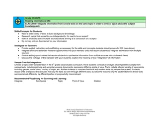 Grade 5 CCGPS
            Reading Informational (RI)
            ELACC5RI9: Integrate information from several texts on the same topic in order to write or speak about the subject
            knowledgeably.

Skills/Concepts for Students:
     Read a wide variety of texts to build background knowledge
     Research topics that appeal to you independently; it’s neat to be an expert!
     Make it a habit to check multiple sources before arriving at a conclusion on a subject
     Do not rely only on the internet for your information

Strategies for Teachers:
     Provide explicit instruction and scaffolding as necessary for the skills and concepts students should acquire for RI9 (see above)
     Integrate short and extended research opportunities into your thematic units that require students to integrate information from multiple
        sources
     Provide writing opportunities that require students to synthesize information from multiple sources into a coherent thesis
     Discuss the verbiage of the standard with your students; explore the meaning of true “integration” of information

Sample Task for Integration:
                                              th
Choose a topic under consideration in the 5 grade social studies curriculum. Have students conduct an analysis of comparable excerpts from
various texts, including primary and secondary source documents, expressing differing points of view. Try to include a broad variety of view points,
including gender, social class, country of origin, etc. Advise students to compare historical and modern texts for perspective as well. Students
should write a response that includes not only the facts as seen through different eyes, but also the reasons why the student believes those facts
were perceived differently by different parties or purposefully misconstrued.

Recommended Vocabulary for Teaching and Learning:
Integrate         Synthesize            Topic                       Point of View                   Citation




                                                            Book Georgia Department of Education
                                                        Dr. John D. Barge, State School Superintendent
                                                                MARCH 2012  Page 20 of 66
                                                                     All Rights Reserved
 