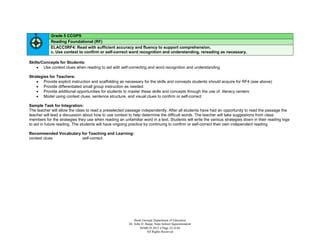 Grade 5 CCGPS
            Reading Foundational (RF)
            ELACC5RF4: Read with sufficient accuracy and fluency to support comprehension.
            c. Use context to confirm or self-correct word recognition and understanding, rereading as necessary.

Skills/Concepts for Students:
     Use context clues when reading to aid with self-correcting and word recognition and understanding

Strategies for Teachers:
     Provide explicit instruction and scaffolding as necessary for the skills and concepts students should acquire for RF4 (see above)
     Provide differentiated small group instruction as needed
     Provide additional opportunities for students to master these skills and concepts through the use of literacy centers
     Model using context clues, sentence structure, and visual clues to confirm or self-correct

Sample Task for Integration:
The teacher will allow the class to read a preselected passage independently. After all students have had an opportunity to read the passage the
teacher will lead a discussion about how to use context to help determine the difficult words. The teacher will take suggestions from class
members for the strategies they use when reading an unfamiliar word in a text. Students will write the various strategies down in their reading logs
to aid in future reading. The students will have ongoing practice by continuing to confirm or self-correct their own independent reading.

Recommended Vocabulary for Teaching and Learning:
context clues          self-correct




                                                            Book Georgia Department of Education
                                                        Dr. John D. Barge, State School Superintendent
                                                                MARCH 2012  Page 24 of 66
                                                                     All Rights Reserved
 