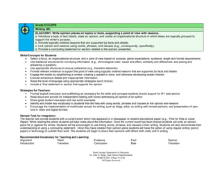 Grade 5 CCGPS
             Writing (W)
             ELACC5W1: Write opinion pieces on topics or texts, supporting a point of view with reasons.
             a. Introduce a topic or text clearly, state an opinion, and create an organizational structure in which ideas are logically grouped to
             support the writer’s purpose.
             b. Provide logically ordered reasons that are supported by facts and details.
             c. Link opinion and reasons using words, phrases, and clauses (e.g., consequently, specifically).
             d. Provide a concluding statement or section related to the opinion presented.

Skills/Concepts for Students:
     Select a focus, an organizational structure, and a point of view based on purpose, genre expectations, audience, length and format requirements
     Use traditional structures for conveying information (e.g., chronological order, cause and effect, similarity and differences, and posing and
        answering a question)
     Use appropriate structures to ensure coherence (e.g., transition elements)
     Provide relevant evidence to support the point of view using logically ordered reasons that are supported by facts and details
     Engage the reader by establishing a context, creating a speaker’s voice, and otherwise developing reader interest
     Exclude extraneous details and inappropriate information
     Raise the level of language using appropriate strategies (word choice)
     Include a final statement or section that supports the opinion

Strategies for Teachers:
     Provide explicit instruction and scaffolding as necessary for the skills and concepts students should acquire for W1 (see above)
     Read aloud and provide for independent reading with books addressing an opinion of an author
     Share great student examples and real world examples
     Identify and model key vocabulary to students that will help with using words, phrases and clauses to link opinion and reasons
     Encourage the implementation of multimodal venues for writing, such as blogs, wikis, co-writing with remote partners, and presentation of opin-
        ions in video and digital formats

Sample Task for Integration:
The teacher will provide students with a current event which has appeared in a newspaper or student educational paper (e.g., Time for Kids or Local
Paper). While reading the article students will take notes about the information. Once the current event has been shared students will write an opinion
piece for or against the article. Students will be encouraged to use linking words, phrases, and clauses in their writing. Students will also demonstrate their
understanding of using a concluding statement. Once they have created their opinion piece students will have the option of using regular writing (pencil
paper) or technology to publish their work. The students will begin to share their opinions with others both orally and in writing.

Recommended Vocabulary for Teaching and Learning:
Argument                 Claim                                  Evidence                                Fact                     Opinion
Introduction             Transition                             Conclusion                              Bias                     Transition


                                                                Book Georgia Department of Education
                                                            Dr. John D. Barge, State School Superintendent
                                                                    MARCH 2012  Page 25 of 66
                                                                         All Rights Reserved
 