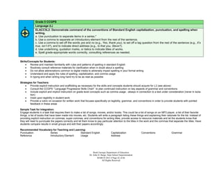 Grade 5 CCGPS
              Language (L)
              ELACC5L2: Demonstrate command of the conventions of Standard English capitalization, punctuation, and spelling when
              writing.
              a. Use punctuation to separate items in a series.*
              b. Use a comma to separate an introductory element from the rest of the sentence.
              c. Use a comma to set off the words yes and no (e.g., Yes, thank you), to set off a tag question from the rest of the sentence (e.g., It’s
              true, isn’t it?), and to indicate direct address (e.g., Is that you, Steve?).
              d. Use underlining, quotation marks, or italics to indicate titles of works.
              e. Spell grade-appropriate words correctly, consulting references as needed.


Skills/Concepts for Students:
        Review and maintain familiarity with rules and patterns of spelling in standard English
        Routinely consult reference materials for clarification when in doubt about a spelling
        Do not allow abbreviations common to digital media to adversely impact spelling in your formal writing
        Understand and apply the rules of spelling, capitalization, and comma usage
        In typing and when writing long hand try to be as neat as possible

Strategies for Teachers:
       Provide explicit instruction and scaffolding as necessary for the skills and concepts students should acquire for L2 (see above)
       Consult the CCGPS’ “Language Progressive Skills Chart” to plan continued instruction on key aspects of grammar and conventions
       Include explicit and implicit instruction on grade-level concepts such as comma usage - always in connection to a text under consideration (never in isola-
        tion)
       Insist upon legibility in student work
       Provide a rubric on occasion for written work that focuses specifically on legibility, grammar, and conventions in order to provide students with pointed
        feedback in these areas

Sample Task for Integration:
Engage students in a task that requires them to make a list of songs, movies, and/or books. This could be a list of songs on an MP3 player, a list of their favorite
things, a list of books that have been made into movies, etc. Students will write a paragraph listing these things and explaining their rationale for the list. Instead of
providing explicit instruction on commas, super-commas, and conventions for writing titles, provide access to resource materials and let the students know that
they will need to punctuate the papers correctly and let them know to pay particular attention to the titles in the work and the commas that separate the titles. Have
students compare results in small groups and edit their papers accordingly.

Recommended Vocabulary for Teaching and Learning:
Punctuation         Series                   Standard English                           Capitalization            Conventions                 Grammar
Reference           Introductory Element     Usage                                      Address




                                                                     Book Georgia Department of Education
                                                                 Dr. John D. Barge, State School Superintendent
                                                                         MARCH 2012  Page 42 of 66
                                                                              All Rights Reserved
 