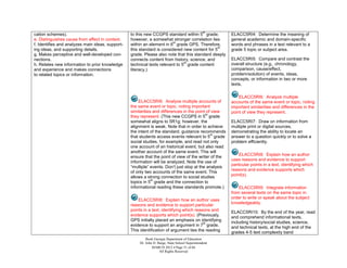 th
cation schemes).                                  to this new CCGPS standard within 5 grade;           ELACC5RI4: Determine the meaning of
e. Distinguishes cause from effect in context.    however, a somewhat stronger correlation lies        general academic and domain-specific
                                                                         th
f. Identifies and analyzes main ideas, support-   within an element in 6 grade GPS. Therefore,         words and phrases in a text relevant to a
                                                                                                th
ing ideas, and supporting details.                this standard is considered new content for 5        grade 5 topic or subject area.
g. Makes perceptive and well-developed con-       grade. Please also note that this standard deeply
nections.                                         connects content from history, science, and          ELACC5RI5: Compare and contrast the
                                                                               th
h. Relates new information to prior knowledge     technical texts relevant to 5 grade content          overall structure (e.g., chronology,
and experience and makes connections              literacy.)                                           comparison, cause/effect,
to related topics or information.                                                                      problem/solution) of events, ideas,
                                                                                                       concepts, or information in two or more
                                                                                                       texts.

                                                                                                           ELACC5RI6: Analyze multiple
                                                      ELACC5RI6: Analyze multiple accounts of          accounts of the same event or topic, noting
                                                  the same event or topic, noting important            important similarities and differences in the
                                                  similarities and differences in the point of view    point of view they represent.
                                                                                           th
                                                  they represent. (This new CCGPS in 5 grade
                                                  somewhat aligns to 5R1g; however, the                ELACC5RI7: Draw on information from
                                                  alignment is weak. Note that in order to achieve     multiple print or digital sources,
                                                  the intent of the standard, guidance recommends      demonstrating the ability to locate an
                                                                                              th
                                                  that students access events relevant to 5 grade      answer to a question quickly or to solve a
                                                  social studies, for example, and read not only       problem efficiently.
                                                  one account of an historical event, but also read
                                                  another account of the same event. This will
                                                                                                           ELACC5RI8: Explain how an author
                                                  ensure that the point of view of the writer of the
                                                                                                       uses reasons and evidence to support
                                                  information will be analyzed. Note the use of
                                                                                                       particular points in a text, identifying which
                                                  “multiple” events. Don’t just stop at the analysis
                                                                                                       reasons and evidence supports which
                                                  of only two accounts of the same event. This
                                                  allows a strong connection to social studies         point(s).
                                                              th
                                                  topics in 5 grade and the connection to
                                                  informational reading these standards promote.)          ELACC5RI9: Integrate information
                                                                                                       from several texts on the same topic in
                                                                                                       order to write or speak about the subject
                                                      ELACC5RI8: Explain how an author uses
                                                                                                       knowledgeably.
                                                  reasons and evidence to support particular
                                                  points in a text, identifying which reasons and      ELACC5RI10: By the end of the year, read
                                                  evidence supports which point(s). (Previously,       and comprehend informational texts,
                                                  GPS initially placed an emphasis on identifying      including history/social studies, science,
                                                                                          th
                                                  evidence to support an argument in 7 grade.          and technical texts, at the high end of the
                                                  This identification of argument ties the reading     grades 4-5 text complexity band
                                                          Book Georgia Department of Education
                                                      Dr. John D. Barge, State School Superintendent
                                                              MARCH 2012  Page 51 of 66
                                                                   All Rights Reserved
 