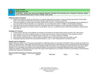 Grade 5 CCGPS
            Reading Literary (RL)
            ELACC5RL7: Analyze how visual and multimedia elements contribute to the meaning, tone, or beauty of a text (e.g., graphic
            novel, multimedia presentation of fiction, folktale, myth, poem).

Skills/Concepts for Students:
     Watch movies based on books you have read, or to read the original text from which a movie you enjoyed was derived; note the differ-
        ences in the versions and think about why those changes might have been necessary or desirable
     Think about whether you prefer to get information through words, pictures, or through listening; use the knowledge of your preferences in
        your own academic life (for example in your note-taking - you can draw pictures when it is helpful in remembering something)
     Think about how and when illustrations are helpful; think about what kinds of images you prefer (Drawings? Paintings? Photos?)
     Multimedia components can include animation, sound effects, music, etc.; consider the ways in which all these elements make presenta-
        tions more fun

Strategies for Teachers:
     Provide explicit instruction and scaffolding as necessary for the skills and concepts students should acquire for RL7 (see above)
     Take students to see a film or staged production of a book they have read (or conduct a webquest or visit a website for same)
     Allow students to produce a film or stage production of their own, or to create a webquest or website
     Have students create illustrations in various artistic and digital media to accompany stories they have written or read
     Proactively make text choices that have beautiful illustrations, music, or other media elements connected to them

Sample Task for Integration:
Assign students (in groups of 3 or 4 for ease of presentation) a multimedia project to be compiled in PowerPoint. Step one will be the creation of 5
slides on an assigned topic. These slides should be words only. In the second version, allow students to add one element to each slide (animation,
one picture each, one sound, etc.) Share some of the presentations after each version (it is not necessary to share all of them every time). Allow
students 3 or 4 more passes at the slides to add media and interest. As you watch the increasingly interesting versions of the presentations,
engage the students in collaborative discussion about the quality of their experience as an audience. Examine how the addition of these elements
enhance their interest and understanding.

Recommended Vocabulary for Teaching and Learning:
Visual            Audio                 Graphic                                Multimedia                Digital           Tone




                                                            Book Georgia Department of Education
                                                        Dr. John D. Barge, State School Superintendent
                                                                 MARCH 2012  Page 9 of 66
                                                                     All Rights Reserved
 