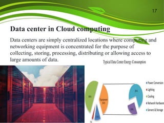 Data center in Cloud computing
Data centers are simply centralized locations where computing and
networking equipment is concentrated for the purpose of
collecting, storing, processing, distributing or allowing access to
large amounts of data.
17
 