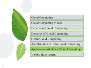 26
Cloud Computing
Vendor Involvement
Architecture of Green Cloud Computing
Applications of Green Cloud Computing
Cloud Computing Model
Demerits of Cloud Computing
Green Cloud Computing
Benefits of Cloud Computing
 