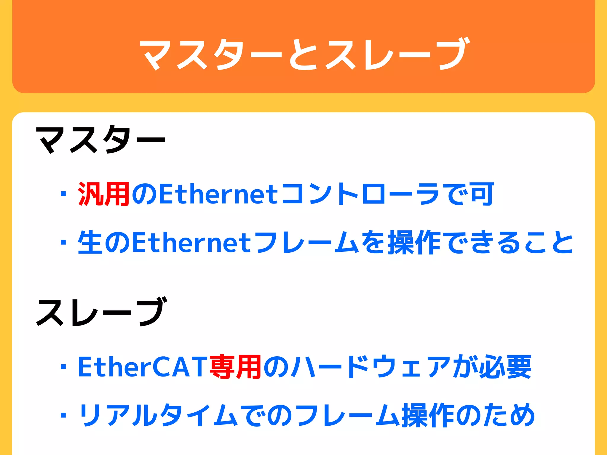 マスターとスレーブ
マスター
・汎用のEthernetコントローラで可
・生のEthernetフレームを操作できること
スレーブ
・EtherCAT専用のハードウェアが必要
・リアルタイムでのフレーム操作のため
 