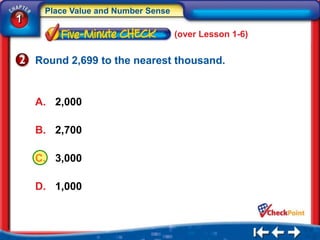Place Value and Number Sense
1
                                    (over Lesson 1-6)


    Round 2,699 to the nearest thousand.


    A. 2,000

    B. 2,700

    C. 3,000

    D. 1,000
 
