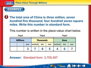 1-2   Place Value Through Millions




 The total area of China is three million, seven
 hundred five thousand, four hundred seven square
 miles. Write this number in standard form.

 This number is written in the place-value chart below.




                3     7      0       5   4   0   7

 Answer: Standard form: 3,705,407
 