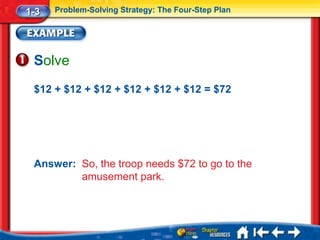 1-3   Problem-Solving Strategy: The Four-Step Plan




 Solve
 $12 + $12 + $12 + $12 + $12 + $12 = $72




 Answer: So, the troop needs $72 to go to the
         amusement park.
 